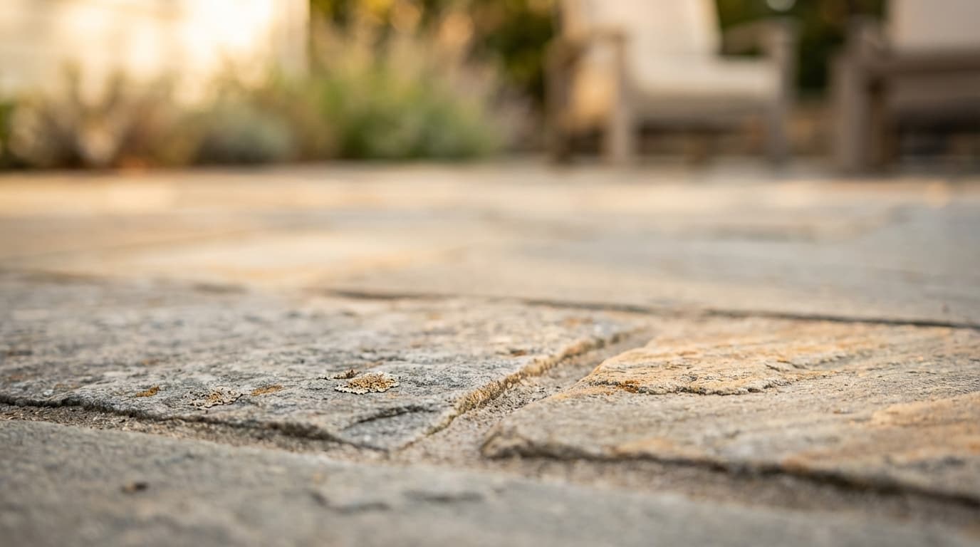 Finished modern interlock patio with clean geometric pattern under soft evening light
