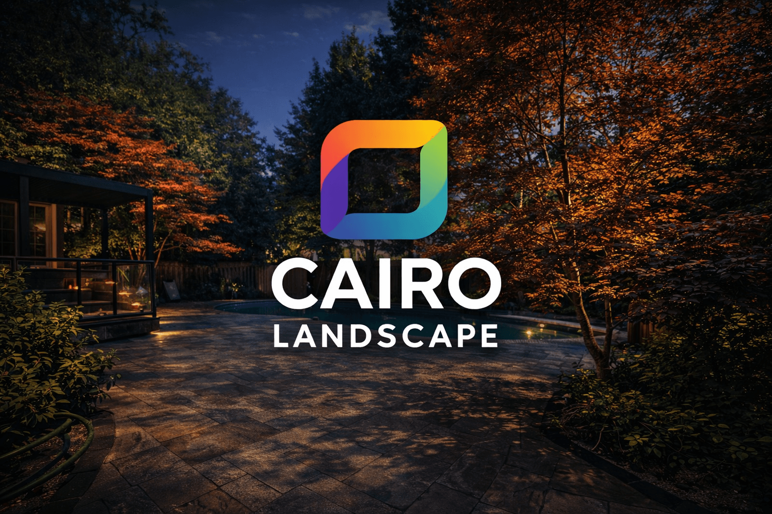 Cairo Landscape logo centered over an illuminated backyard patio with a pool and autumn trees.