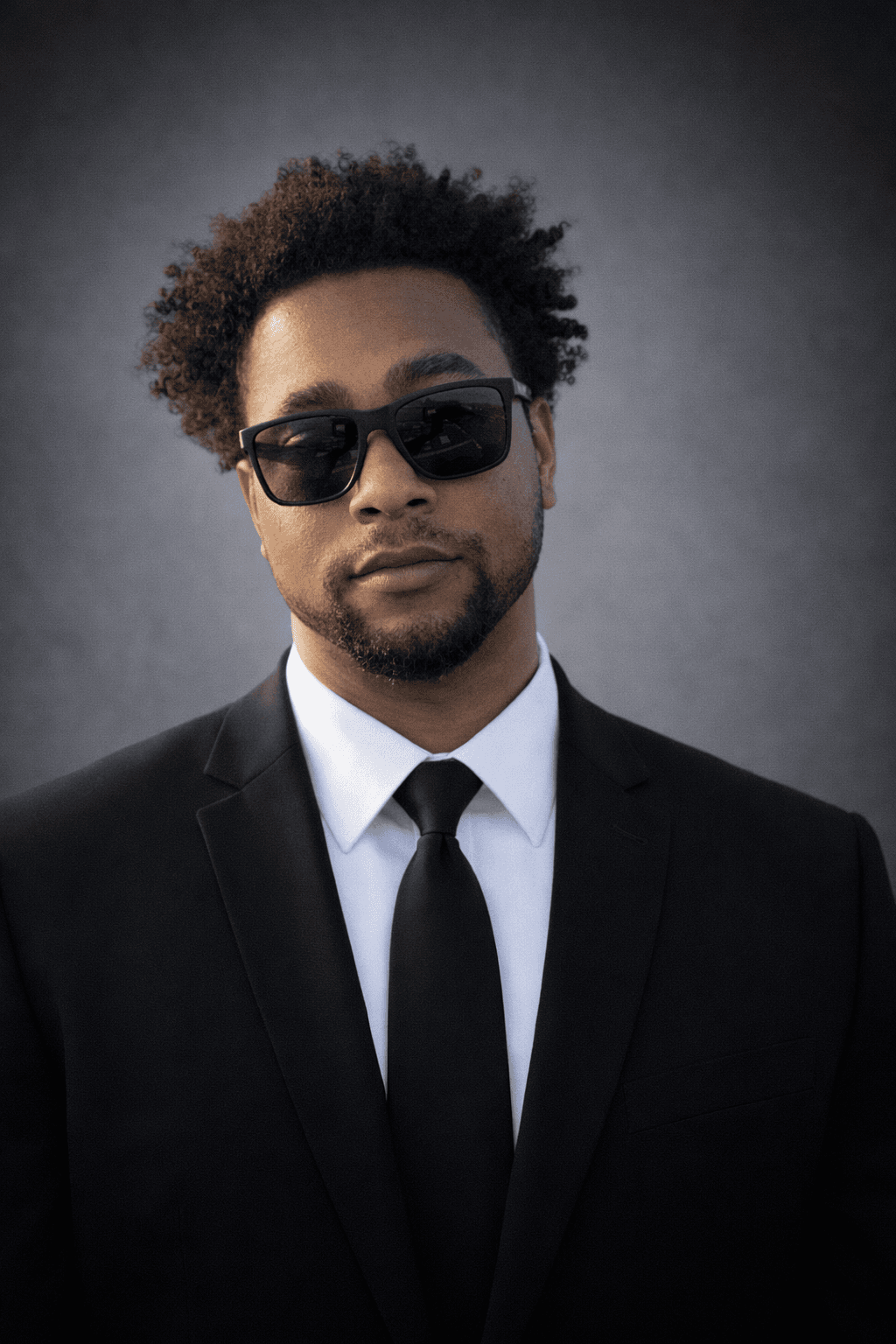 Man with curly hair wearing sunglasses, a black suit, white shirt, and black tie.